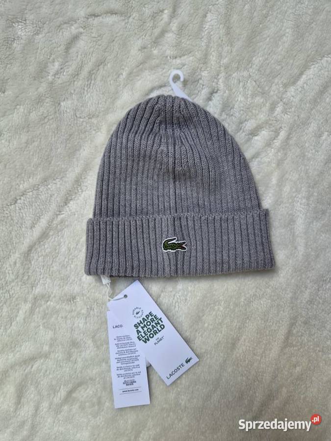 Nowa szara czapka wełniana Lacoste unisex z Bibice