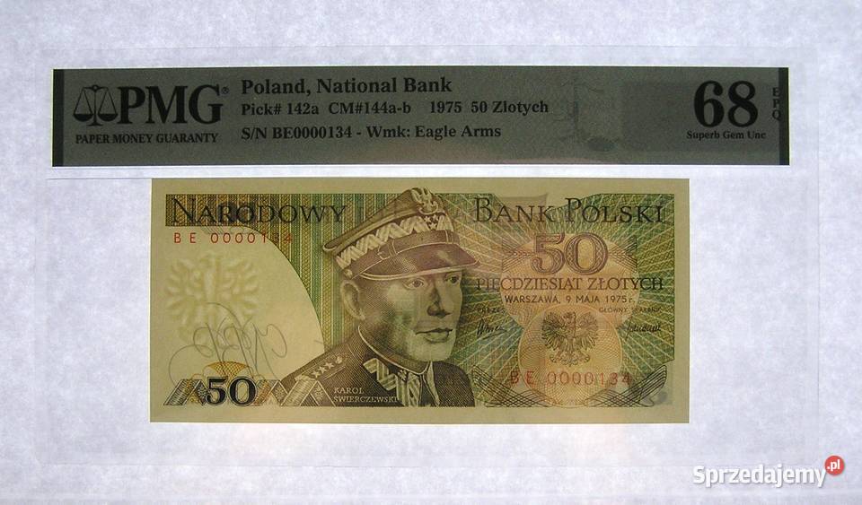 Polska 50 1975 r Seria BE PMG 68 EPQ NOTA wielkopolskie Rydzyna