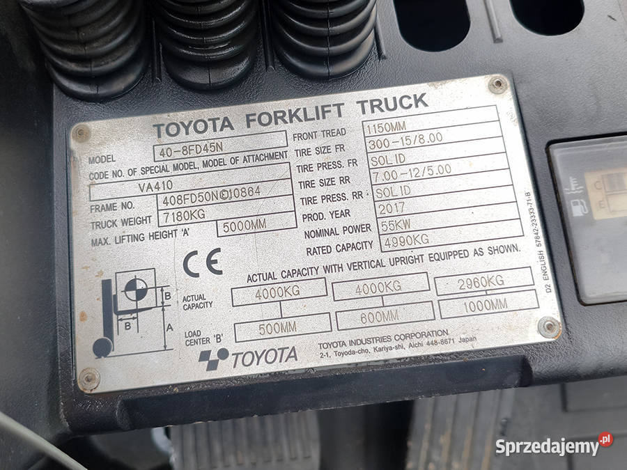 Wózek widłowy Toyota 408FD45N 5 ton duplex 5 m Kęty