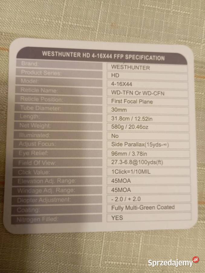 Luneta Westhunter HD 416X44 FFP Kościerzyna