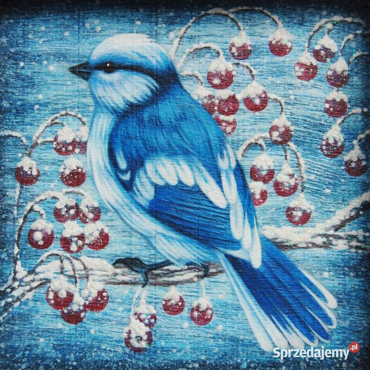 Drewniana tacka malowana ptak sikora lazurowa Dekoracje i ozdoby Lublin