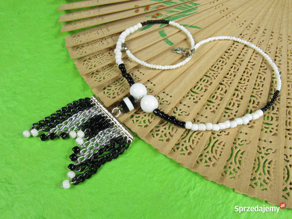 Naszyjnik czarnobiały łańcuszki koraliki eko śląskie Katowice