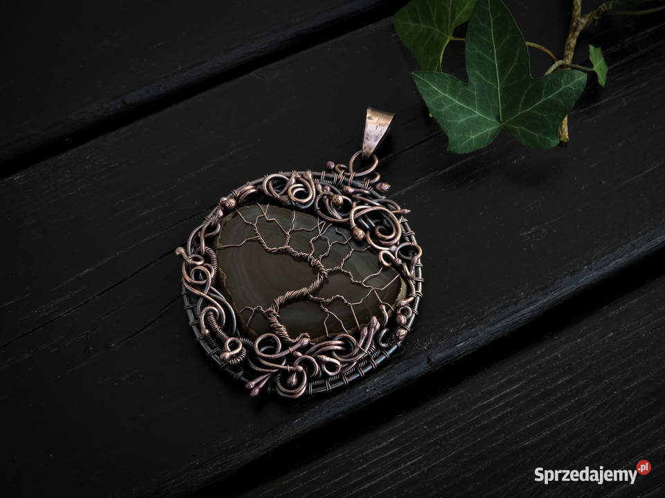 Miedziany medalion drzewo życia brązowy agat Kraków
