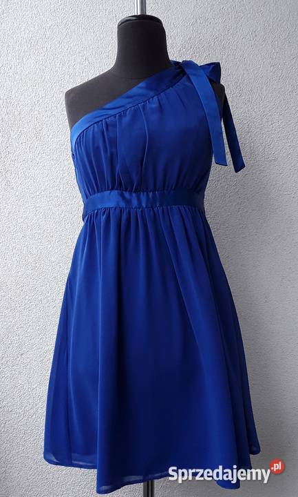 Zwiewna kobaltowa sukienka na jedno ramię r40