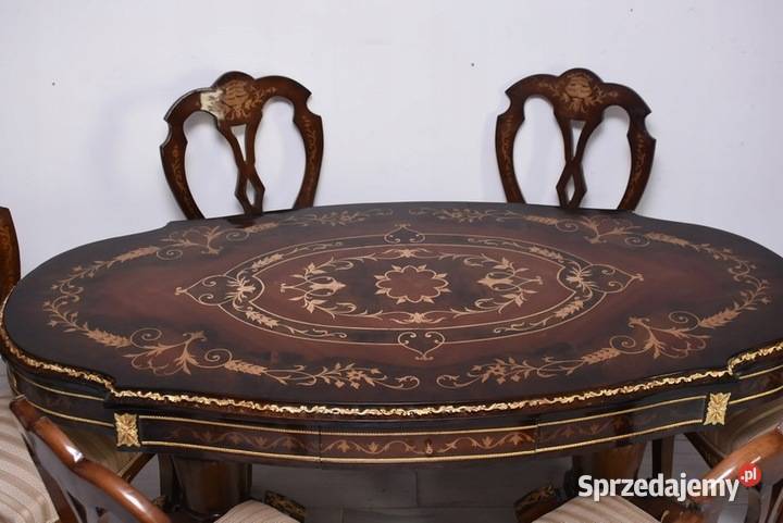 Okrągły Stół 6 Krzesła Intarsje Styl Ludwikowski Kraków