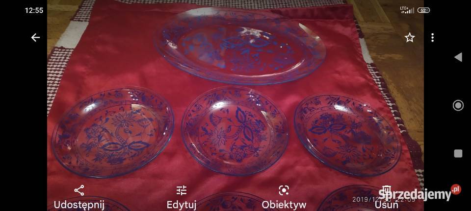 Duża patera i 6 talerzyków szkło cebulowe kobalt dolnośląskie Wrocław