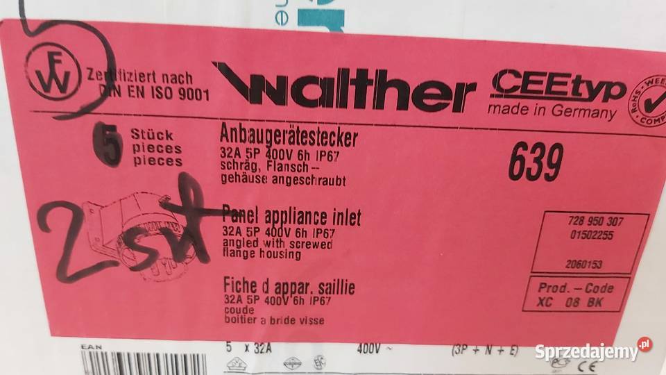 Wtyka siłowa naścienna z blok 32A 5P Walther 639 Wyszków