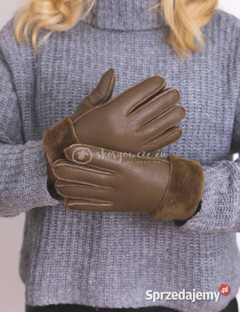 Klasyczne oliwkowe rękawiczki damskie ze skóry sprzedam