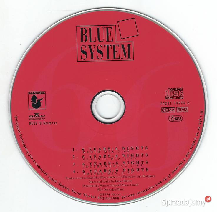 Maxi CD Blue System 6 Years 6 Nights 1994 Hansa CD Płyty i kasety Brwinów