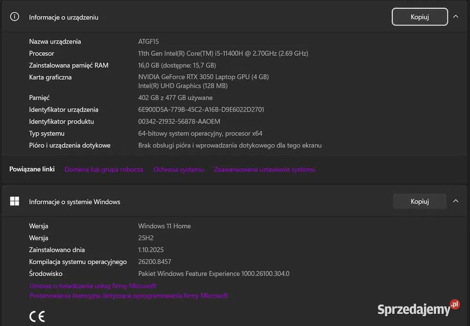 ASUS TUF GAMING F15 GeForce RTX 3050 Intel Core zachodniopomorskie Szczecin