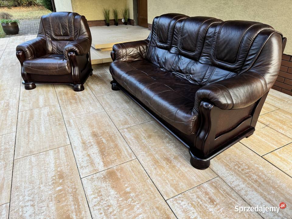 Wypoczynek skórzany stylowy brązowy kanapa fotel Sulbiny