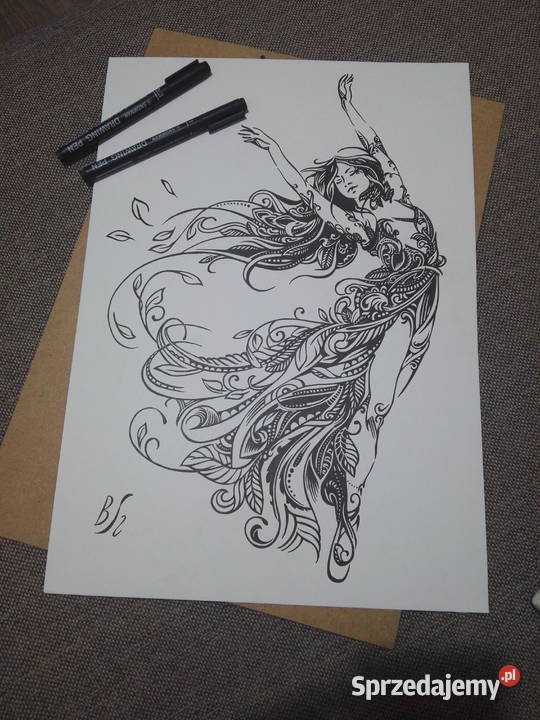 Rysunek tańcząca kobieta cienkopis blok tech A3 Warszawa sprzedam