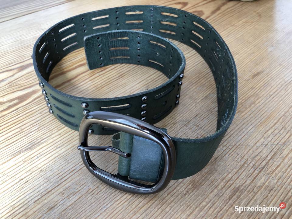 Pasek skórzany zielony ciemny z napami Danier