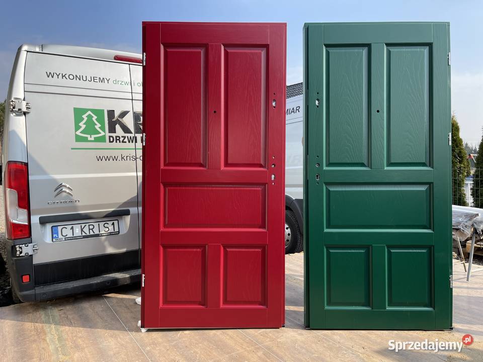 Drzwi drewniane wewnątrzklatkowe RĘKI błękitne Budownictwo i akcesoria Grzybno