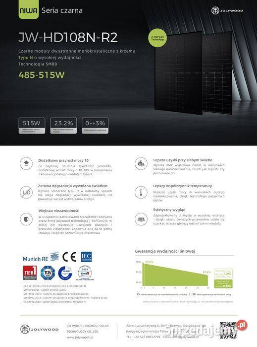 Moduł JOLYWOOD JWHD108NR2500W bifacial full Dom i Ogród małopolskie