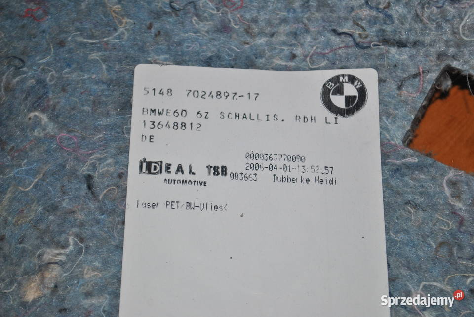 Izolacja dźwiękowa bagażnika lewa strona BMW E60 Poręba sprzedam