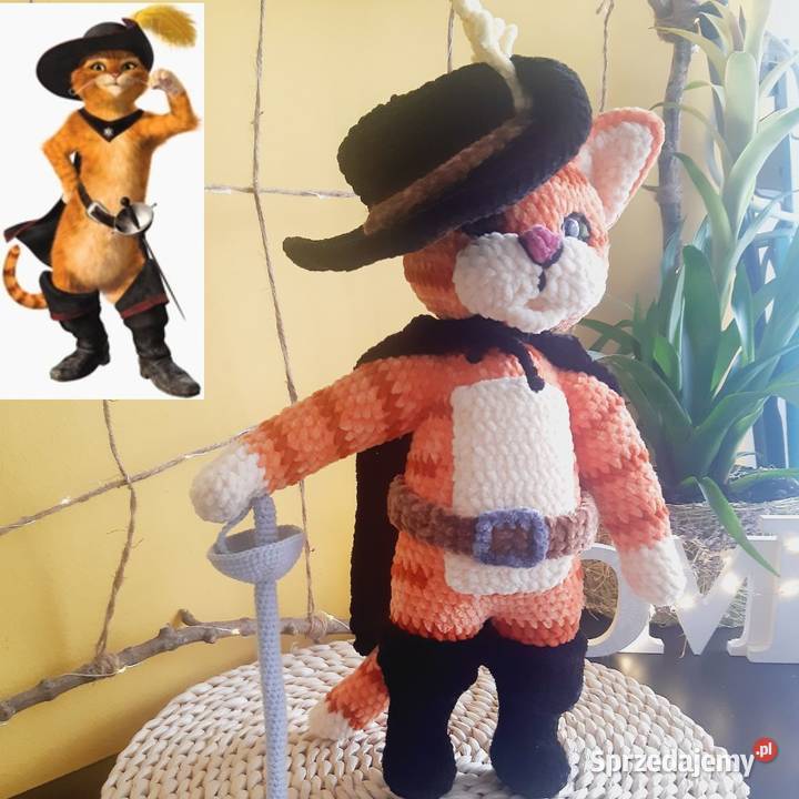 Szydełkowy kot z bajki kot w butach Puss in Maskotki