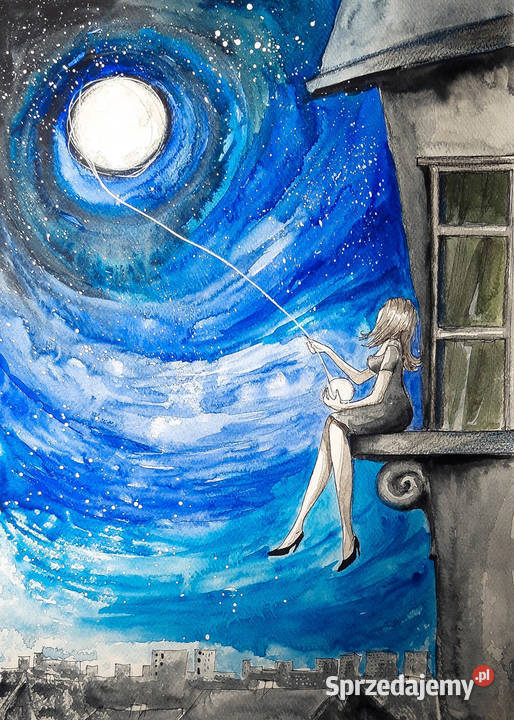 KSIĘŻYCOWA WŁÓCZKA akwarela artystki Adriany Katowice