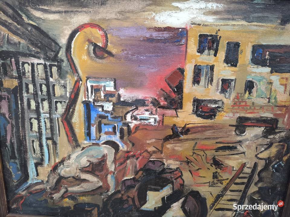 Piękny stary oryginalny obraz olejny 1947 r Malarstwo łódzkie