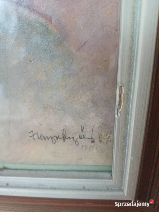 Stary obraz akwarela szklem sygnowana w prawym dolnośląskie Lubań