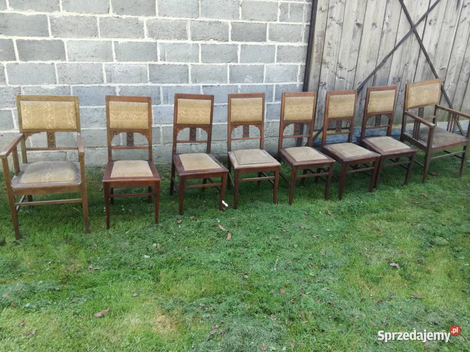 Krzesła dębowe antyk, secesja, zestaw 6+ dwa tronowe
