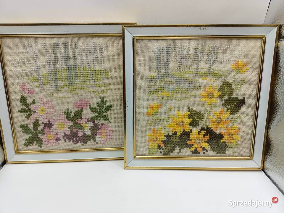 Dwa obrazki roślinny haft pod szkłem Zamość