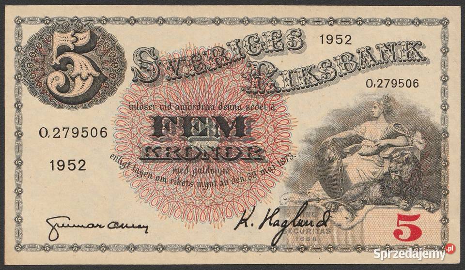 Szwecja 5 koron 1952 O27 stan 12 Łódź sprzedam