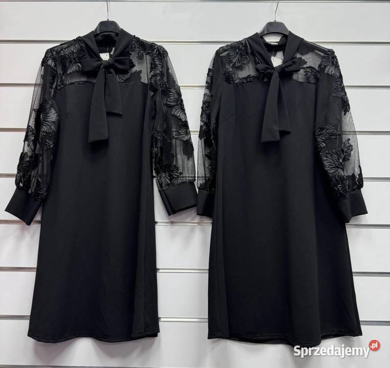 Elegancka czarna sukienka z tiulowymi rękawami i Wejdyki