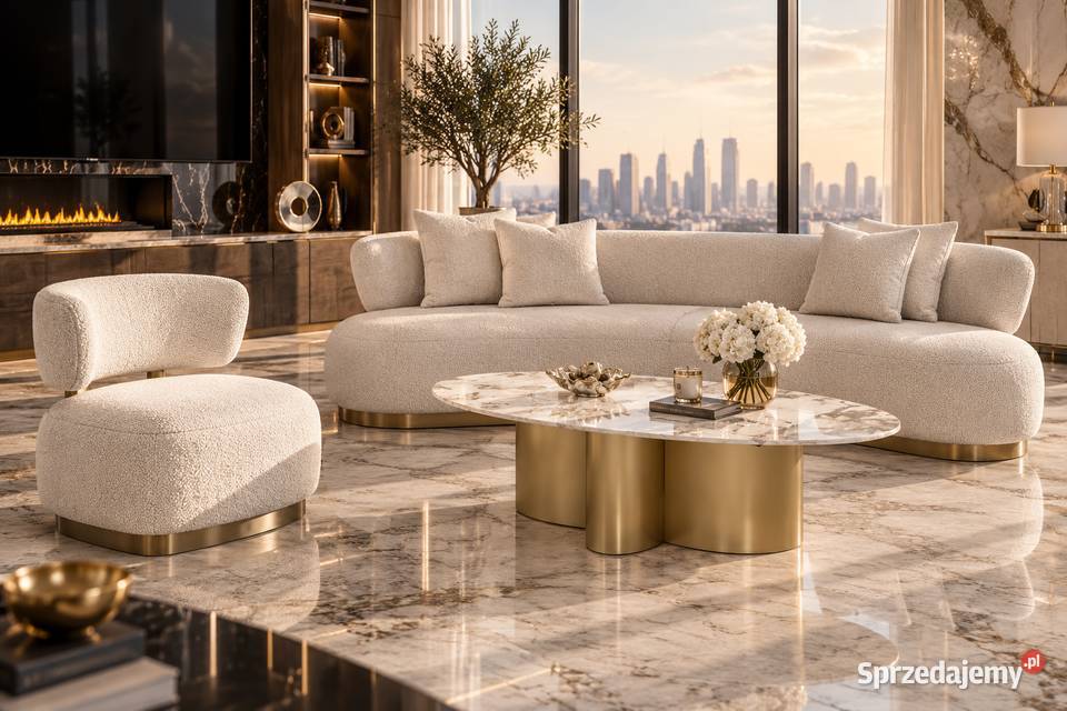 Sofa glamour boucle biała ecru 257 ze złotą Sofy i kanapy małopolskie Golkowice