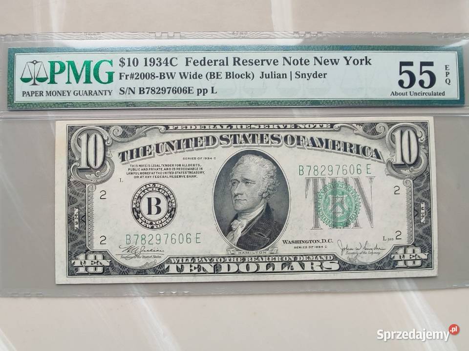 Banknot USD 10 1934C PMG 55 YORK Antyki, Sztuka, Kolekcje Rzeszów