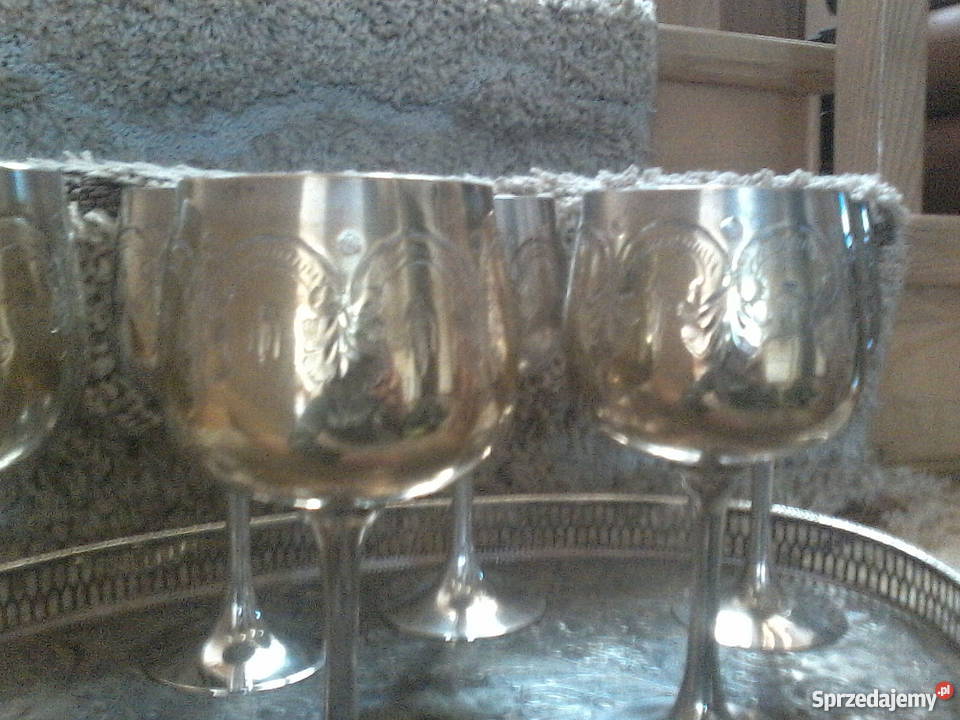 mosiężno posrebrzane kieliszki plus taca Dulcza Wielka