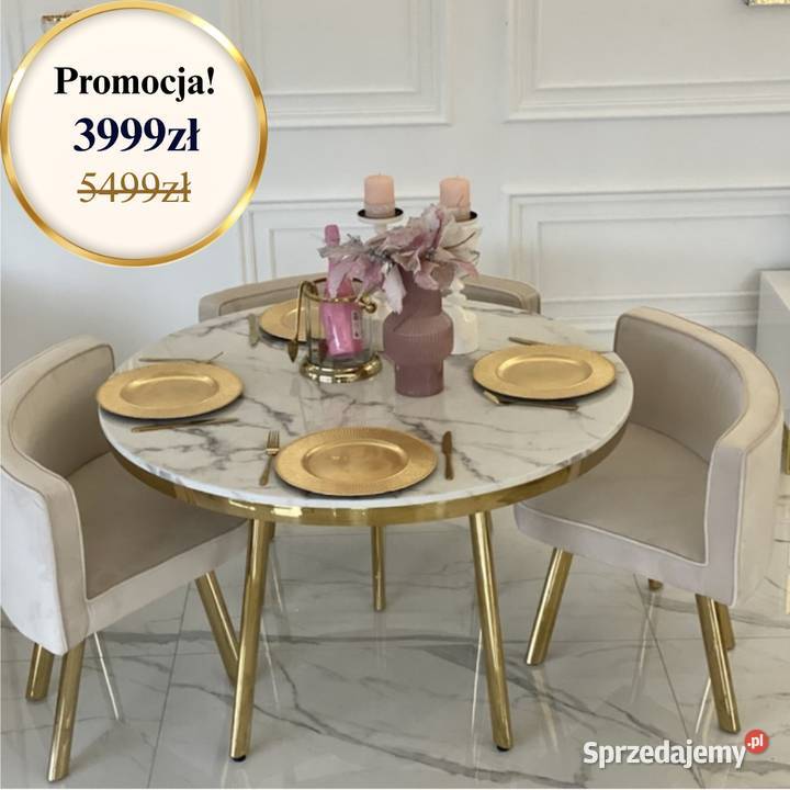 Stół złoty glamour z marmurowym blatem okrągły Warszawa