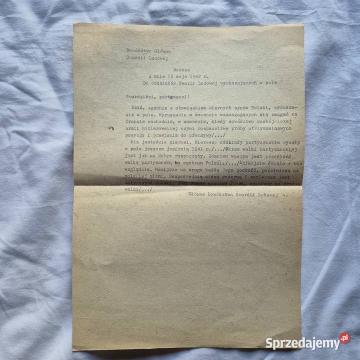 Dokument LWP 1942r GL Gwardia Ludowa Dowództwo Brzesko sprzedam