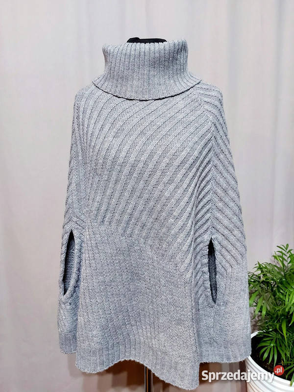 Szare ponczo peleryna z golfem krótkie 30 wełna Złoczew