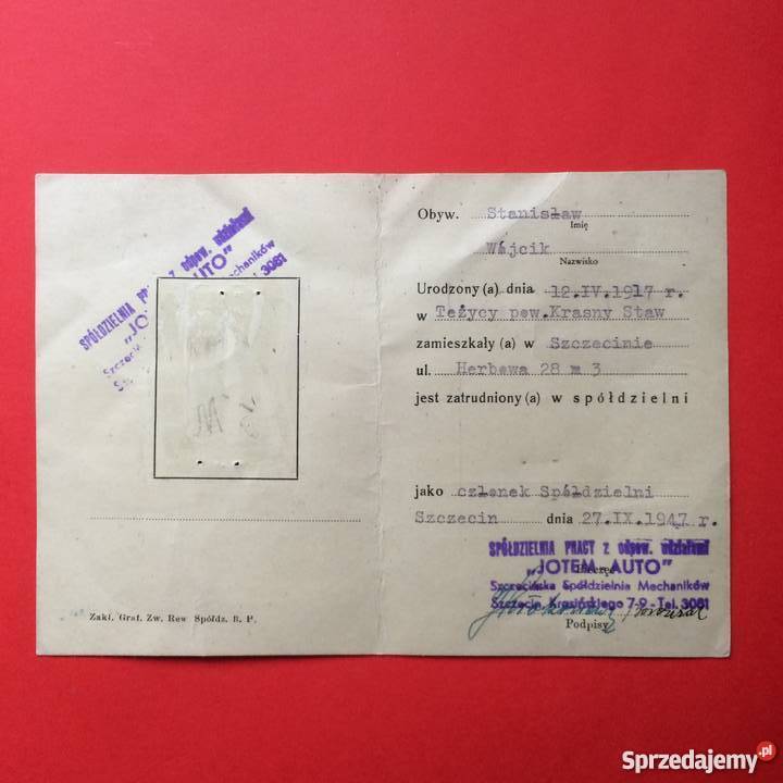 935 Legitymacja Członka Spółdzielni JotemAuto z Szczecin