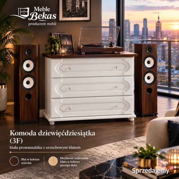 Biała Komoda 90 Stylowa Blat Dąb Naturalny BEKAS 45cm Komody
