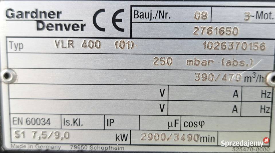 Pompa Próżniowa Gardner Denver VLR400 250mbar wielkopolskie Pleszew