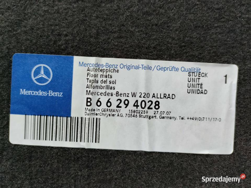 Oryginalne dywaniki welurowe W220 4Matic krótka wielkopolskie Bolewice