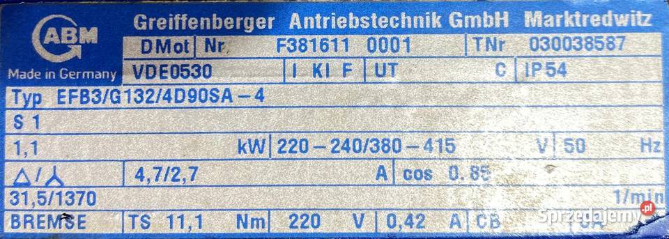 motoreduktor przekładnia 11kW 315obr 3fazowy Narzędzia