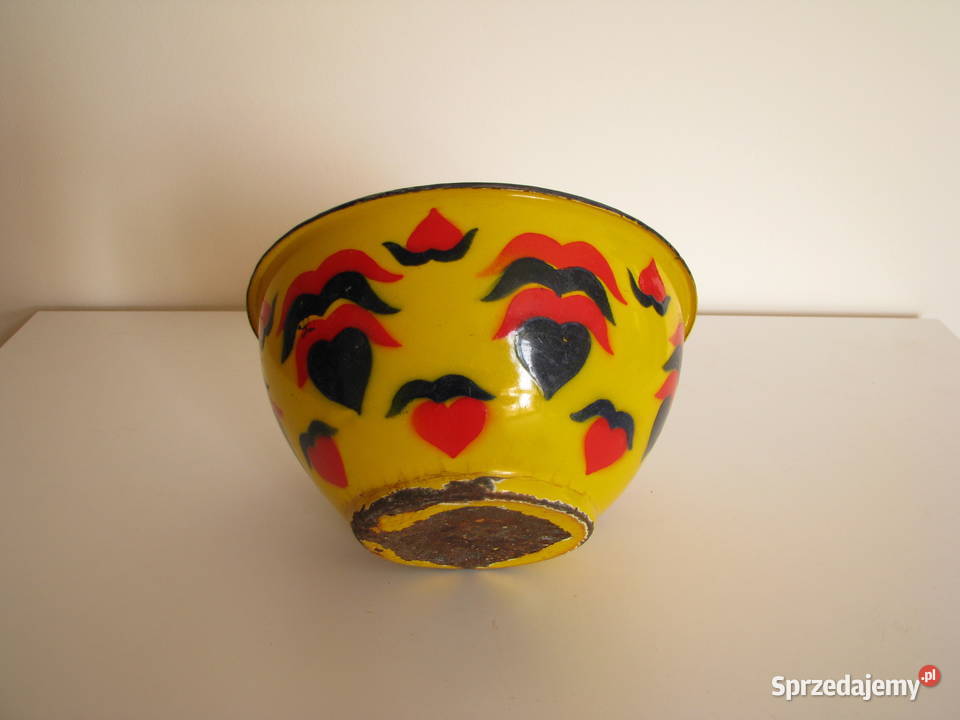 Piękna stara metalowa emaliowana na żółto miska Brzegi