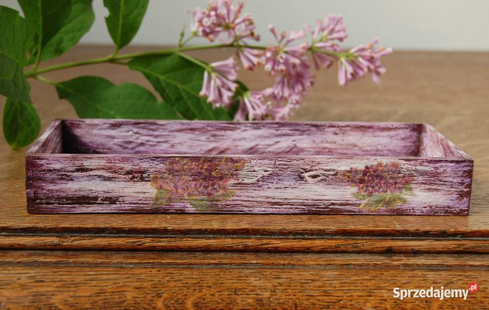 Rustykalna podstawka tacka kwiaty bzy decoupage sprzedam