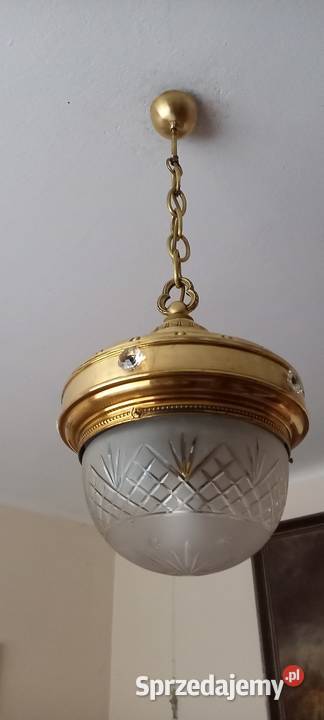 Lampa wisząca z mosiądzu kryształowy klosz łódzkie Skierniewice