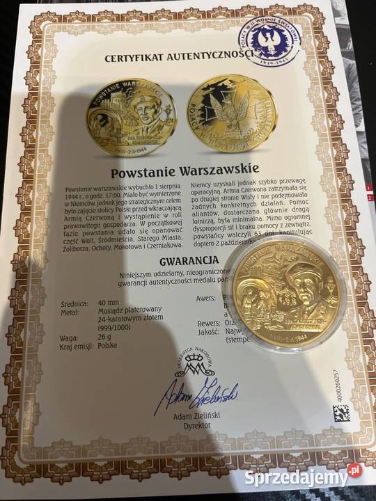 Złota moneta powstanie Warszawskie Kozubszczyzna sprzedam