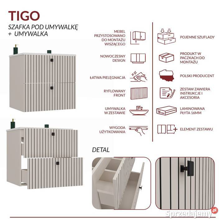 Szafka pod umywalkę TIGO 60 2S Kasztan Ryflowany