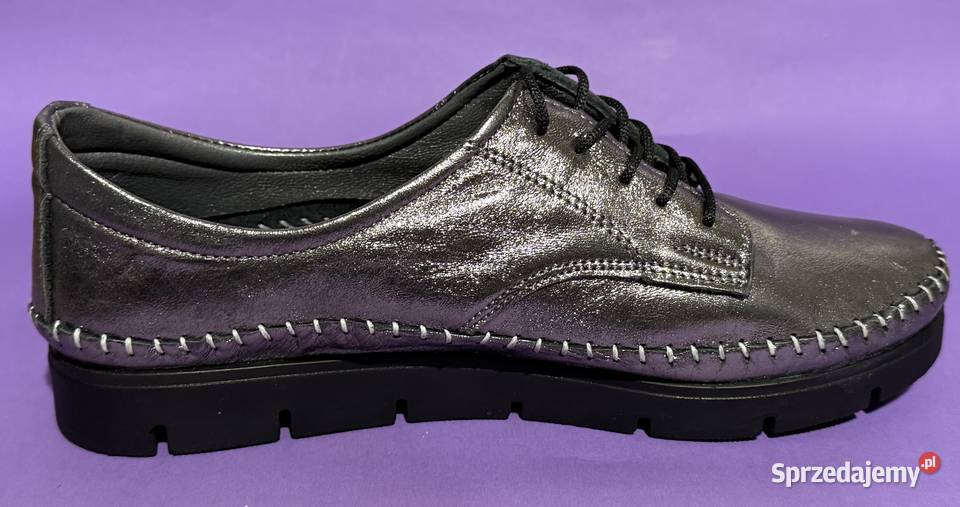 Skórzane damskie platynowe wiązane półbuty Żyrardów sprzedam