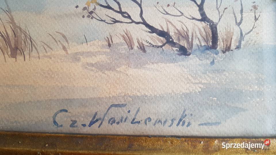 Stary duży obraz akwarela sygnowana Cz