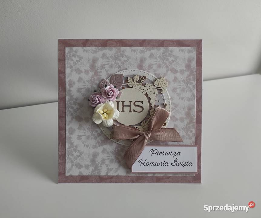 Kartka ręcznie robiona na Komunię Świętą liliowe Łódź