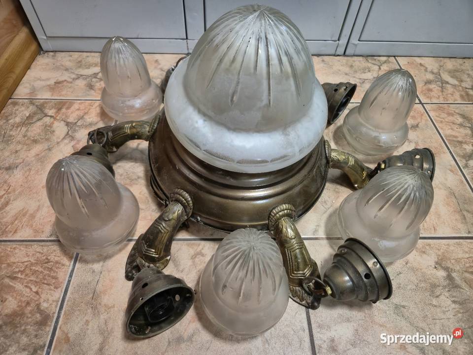 Żyrandol mosiądz PRL 5 ramienny Dąbrowa Górnicza