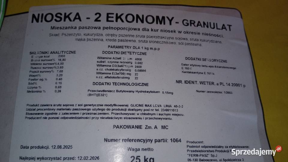 Pasza kur niosek na I i II okres nieśności Nowa Wieś Szlachecka