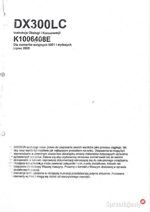 DTR Instrukcja obsługi DOOSAN DX 300LC DX 340L Rzeszów sprzedam